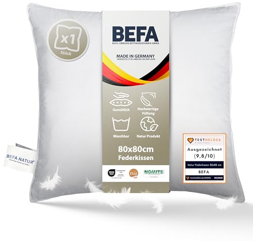 BEFA NATUR Federkissen 80x80 cm extra fest | Kopfkissen 100% Federn |3000g Füllgewicht | Allergiker (NOMITE) | Tierwohl (DOWNPASS) | Oeko-TEX Klasse 1 | Made in Germany