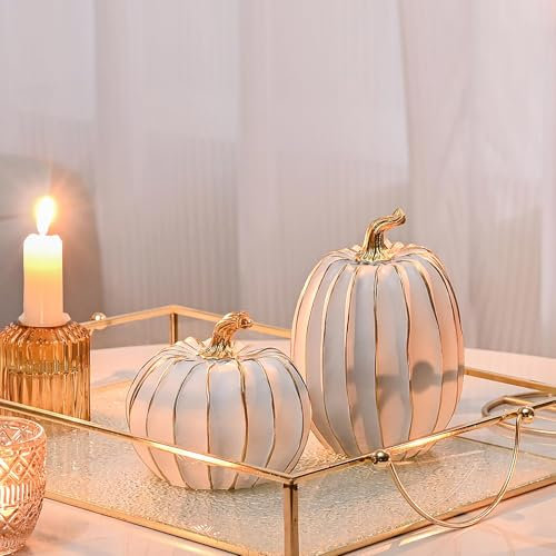 FESTGLOX Fall Pumpkin Decor, 2 PCS Resin Thanksgiving Fake Pumpkin Figurines, White and Gold Pumpkins for Decorating, Fall Decorations for Home, Farmhouse, Harvest Table Centerpiece