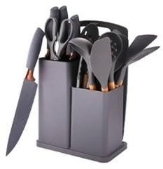 Ktchnhlprz 19-teiliges Küchenhelfer-Set, grau, Messerset, Messerblock, Schneidebrett, Küchenutensilien, Kochzubehör, Edelstahl, Silikon, platzsparende Station, Starterset für erste Wohnung