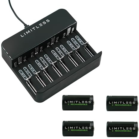 Limitless Rechargeable C Batteries 4-Pack with Charger, Universal 5000mAh NiMH High-Capacity Batteries and 4 Bay Battery Charging System (C)
