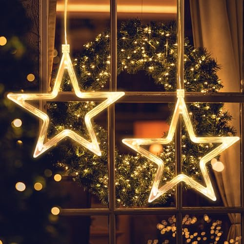 Jsdoin LED Christmas Window Light 2pc Stars, Twinkle Christmas Curtain Light Timer, Hanging Lights for Party Shop Window Xmas Decoration(Warm Light)