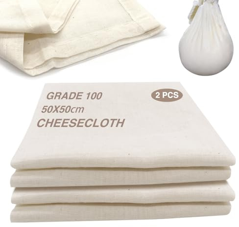 Cheese Cloths for Straining 2 PCS Grade 100 Cheesecloth, 50x50 cm Reusable and Washable, 100% Unbleached Pure Cotton, Muslin Cloths for Cooking, Jams Homemade Cheese Yogurt Juice