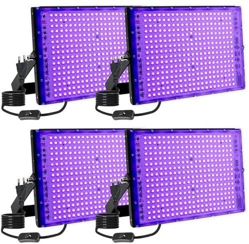 MEEKBOS Projecteur LED UV 300W, Lumière Noire 395 nm, IP65 Étanche, Lampe UV Puissante pour Fête Fluorescente, Soirée Blacklight, Affiche Fluorescente, Anniversaire, Halloween (4 Pièce)