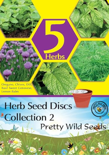 Herb Seed Disc Collection 2 by Pretty Wild Seeds - 5 Discs Lemon Balm, Oregano, Dill, Chives & Basil Sweet Genovese - Easy to Grow