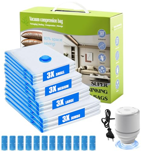 Uadme Elektrisk luftpump med 12 genomskinliga förvaringspåsar (storlek S: 40 x 40 cm x 3, M: 40 x 50 cm x 3, L: 50 x 70 cm x 3, XL: 60 x 80 cm x 3) europeisk standard 220 V