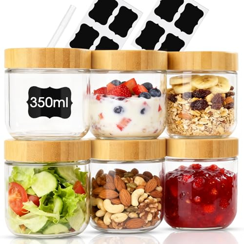 Otauoaea 6 Piezas Tarros de Cristal con Tapa, 350ml Vasos Yogurtera con Tapa, Mason Jar Botes de Cristal Hermetico Overnight Oats Jar para Yogur, Mermelada, Especias, Cereales, Pudín