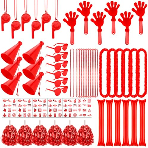 Soulchen 180 Pcs Red Team Spirit Accessories Bulk Spirit Day Pep Rally Accessories Sporting Events Party Cheerleading Pom Poms Hand Clappers Thunder Stick Whistle Megaphone