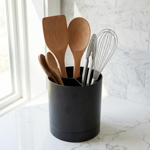 Dtenlur Portautensili da Cucina Moderno, Organizer per Utensili da Cucina 16.5 * 14.5cm, Portautensili Girevole a 360°, Contenitore per Utensili Nero con Base Antiscivolo, Organizzatore per Spatole