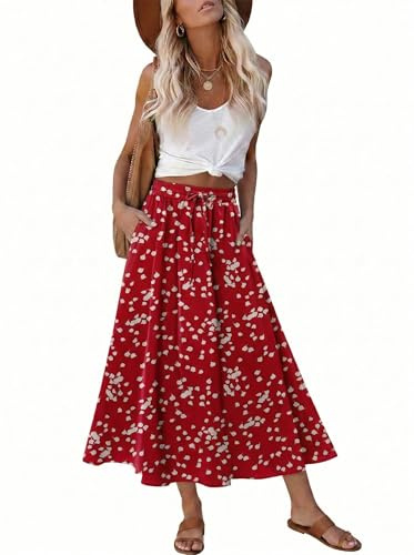 Magritta Women's Midi Skirt Summer Causal 2026 Trendy Elastic High Waist Plus Size Red Dot Medium Size