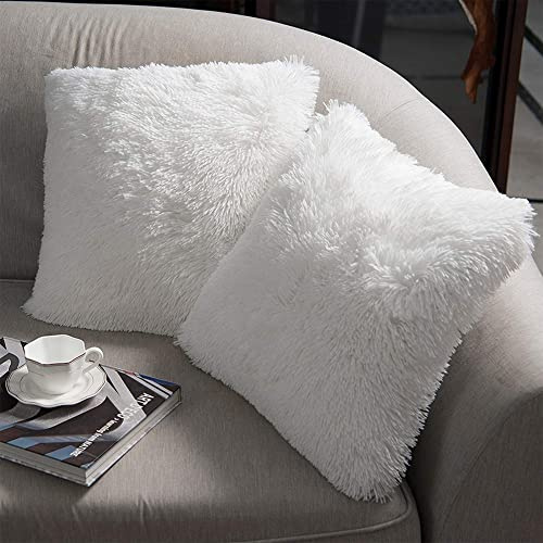 NordECO HOME Luxury Soft Faux Fur Fleece Cushion Cover Pillowcase Spring Decorative Throw Pillows Covers, No Pillow Insert, 18 x 18 Inch, White, 2 Pack