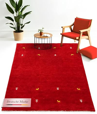 carpetfine Wollteppich Gabbeh Uni Rot 120x170 cm | Moderner Teppich für Wohn- und Schlafzimmer