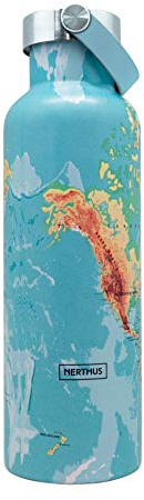 Nerthus FIH 767 Botella Termo Tapón Asa Doble Pared para frios y Calientes diseño Mapamundi de Acero Inoxidable 750 ml, Libre de BPA, 18/8, Multicolor