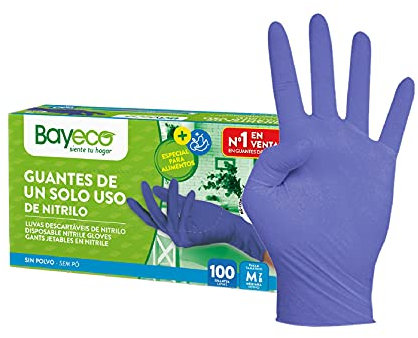 Bayeco Lot de 100 gants à usage unique en nitrile Bleu ambidextre Bord roulé Doigts texturés pour une meilleure prise en main Taille M