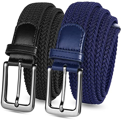 FINGER TEN Men's Stretch Belts Elastic Braided Value 2 Pack, Woven Belt for Golf Casual Pants Shirts Jeans (fit for Waist Size 34-38, Black+Blue)
