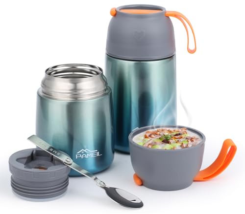 Pameil Thermobehälter für Essen 650ml+450ml, Wärmebehälter für Speisen Edelstahl mit Faltbaren Löffel, Thermo Lunchbox für Suppen, Brei, Eiscreme und Joghurt.(450ml+650ml/Grün)