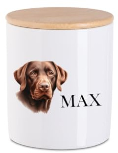 zauselbart Boîte à friandises pour chien - Personnalisable avec nom - Boîte de rangement pour nourriture pour chien - Boîte de conservation en céramique avec couvercle en bois - M (14 x 10 x 10 cm)