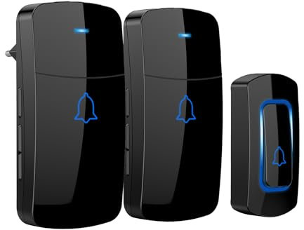 AVANTEK Sonnette sans Fil, Sonnette sans Fil Exterieur Etanche à 400 mètres de portée, Carillon sans Fil avec Voyant LED, Sonnette sans Fil longue Portée avec 1 Bouton-émetteur & 2 récepteurs