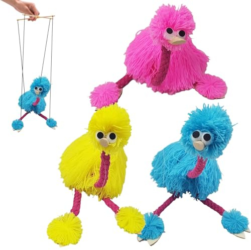 3Pcs Marionette Puppets Yarn Ostrich Puppet with String Colorful Bird String Puppet, Stuffed Plush Parent-Child Interactive Puppets Educational Toys for Kids Gift, Ostrich Puppet