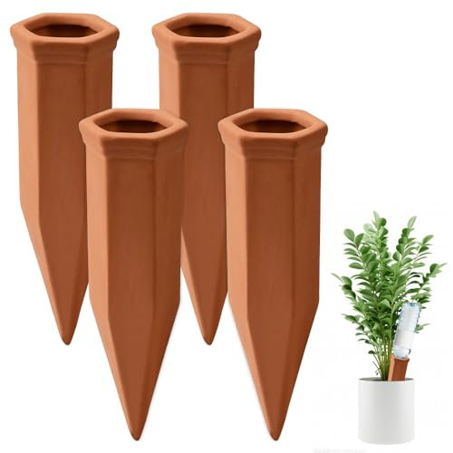 NAROSEBE 4 PCS Cono Riego Arcilla Picos de Riego Arcilla Riego Automático para Plantas Interior y Exterior Sistema de Riego por Goteo Botellas Riego por Goteo Automatico para Regar Planta en Viaje