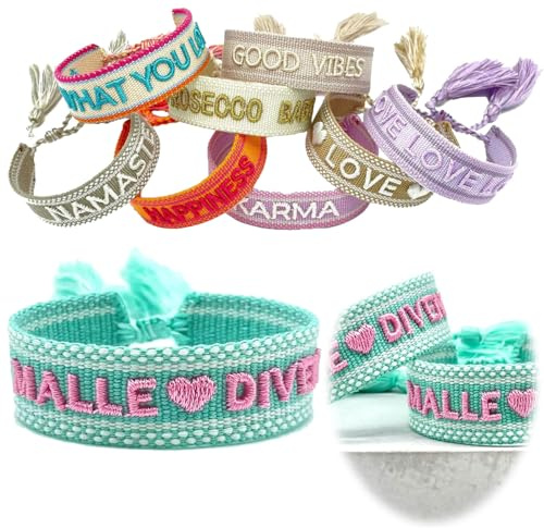 LS-LebenStil Exklusives Statement Armband - das Original - Malle Diven Türkis Rosa 16-20cm Quasten besticktes Boho Canvas Webarmband Damen Freundschaftsarmband Geschenk gewebt textil Stoffarmband