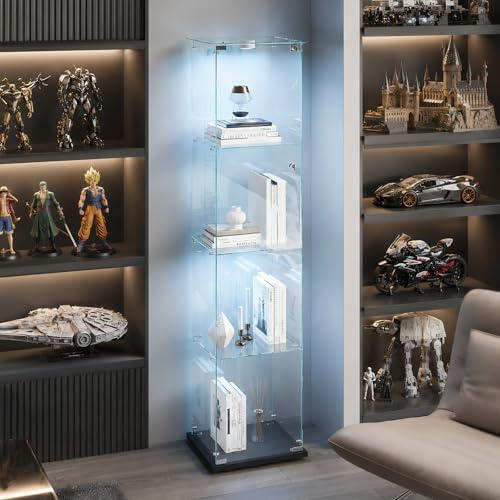BRILVERDE Vetrina in Vetro LED, Mobile Espositore con 4 Ripiani e Porta con Serratura, Vetrinetta per Collezioni, Libri, Modellini, Bottiglie, Soggiorno e Ufficio (Nero, 163 x 40 x 35 cm)