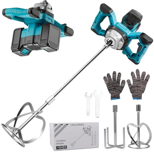 Agitatore per malta a batteria, compatibile con batteria Makita, 3200 W, multiuso, mixer per calcestruzzo senza brushless con aste di miscelazione, testa di miscelazione, chiavi e guanti (max 680 giri