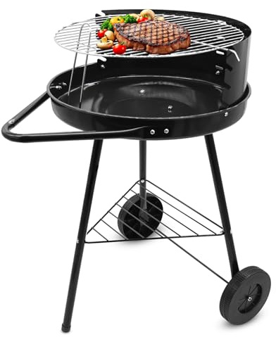 Barbecue con ruote e griglia regolabile – 68 x 42 cm – Griglia mobile a carbonella con ruote e protezione dal vento – Barbecue a carbonella rotondo per campeggio, giardino, picnic