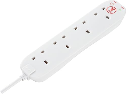 Masterplug Four Socket Extension Lead, 2 Metre Cable, Surge Protection, Power and Surge LED Indicators, Unswitched, 4-Way Plug Extension Cable, Power Strip, White, 13A, 4G, 2m, SRG42N