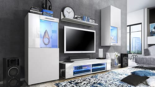 Vladon Wohnwand Movie, Anbauwand bestehend aus 1 TV-Board, 2 Vitrinen und 1 Regal, Weiß matt/Weiß matt/Weiß Hochglanz inkl. LED-Beleuchtung blau (Gesamt: 300 x 190 x 39 cm)