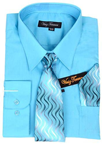 Viviz Forancci AC101 Herren Langarm Spitzkragen Kleid Hemd mit passender Krawatte und Handkie - Blau - 43 cm- 44 cm Hals 91 cm- 94 cm Ärmel