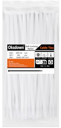 Oksdown 100 Pack White Thick Cable Ties Heavy Duty Large 200mm×4.8mm Strong Nylon Plastic Self Locking Clear 8 inch/20 cm Long Zip Tie Wraps