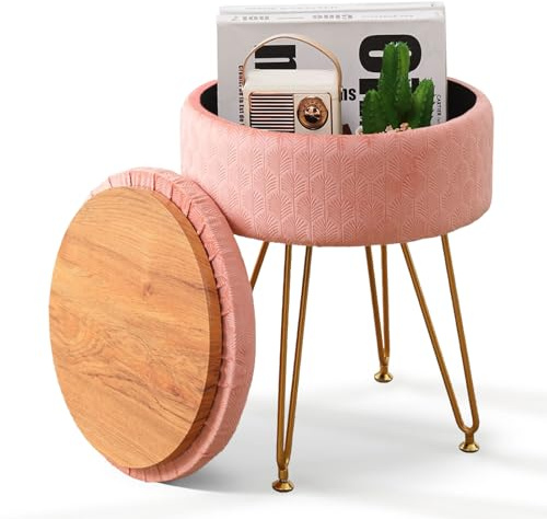 Cpintltr Foot Stool Velvet Storage Ottoman with Removable Lid Round Sofa Stools Foot Rest with Padded Seat Modern Style Makeup Stool Decorative Furniture Suitable for Lounge Dorm Room Blush
