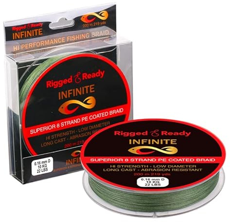 Rigged and Ready Infinite Hi-performance Fishing Braid-22lb 10kg PE Coated Line-200m. Braided 8 Strand Low Diameter No Stretch Long Cast Abrasion Resistant Fast Sink. River Lake Sea Fishing
