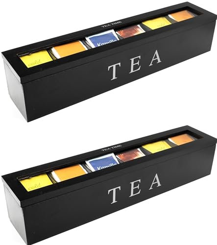 2x TMV24 Teebox mit 6 Fächern, Tee Kiste aus Holz Aufbewahrungsbox Dose mit Sichtfenster schwarz, Praktische Teeaufbewahrungsbox für Teebeutel, Teebeutelbox und Tee Organizer, Teedose