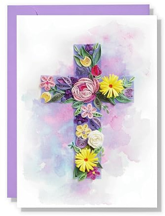 QUILLCRAFT Religious Card, First 1st Holly Communion Quilling Quilled Baptism Card for Christian Brother or Sister, Christening, Floral Cross Sympathy Card with Envelope (Purple Cross)