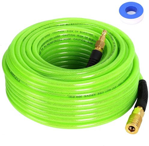 FYPower Air Compressor Hose 1/4 Inch x 100 Feet Reinforced Polyurethane (PU) Air Hose with Fittings, Bend Restrictors, 1/4 Industrial Quick Coupler and Plug Kit, Green