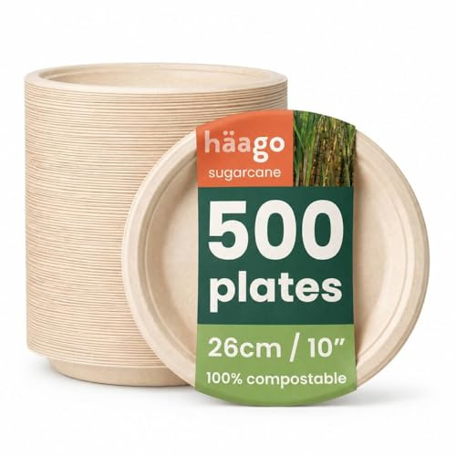HAAGO 500 Eco Disposable Sugarcane Plates, 10 Inch (26cm) – Natural Colour Strong Paper Plates, Biodegradable & Compostable Dinner Plate for Hot & Cold Food – Sturdy & Heavy Duty