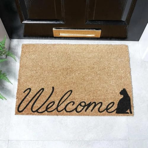 Artsy Mats - Welcome Cat Coir Doormat - Made from Tufted Coconut Fibre - Non-Slip Natural Rubber Backed Doormats Indoor - Heavy Duty, Decorative OutDoormats, (60x40cm)