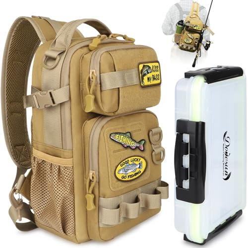 Dovesun Angelrucksack mit 3600 Tackle-Angelbox 1stk, DIY-Logos Angeltasche Angelrucksack zum Organisieren Aufbewahren von Angelzubehör Angeltasche für Angeln Wandern Camping Khaki