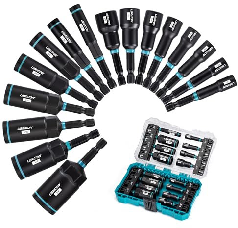 LIBRATON 16PCS Juego de Destornilladores Magnéticos para Tuercas para Taladro de Impacto Destornilladores para Tuercas de 1/4-9/16 Profundas de 1/4-4/3, con Caja, para Reparación