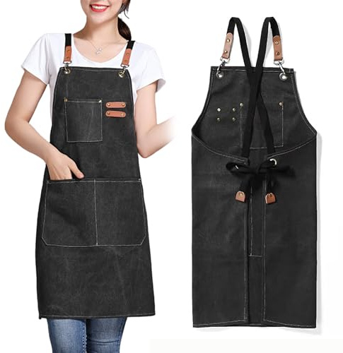 GHKLNY Delantal unisex con grandes bolsillos, en tela de algodón con tiras cruzadas, delantal de trabajo ajustable, talla infantil a adulto, Negro , Talla única