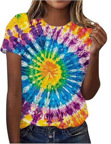 Maglietta a maniche corte batik da donna con motivo animale, maglia con gatto, mucca e giraffa, camicetta casual a tunica con vestibilità ampia per ragazze adolescenti, multicolore, S