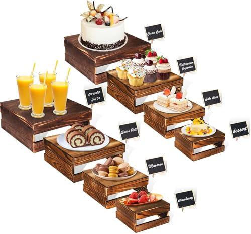 Hanured® 8 pezzi Alzate da buffet con mini cartellini, Alzatine per torte in legno rustico con fondo cavo, per matrimoni e feste di compleanno