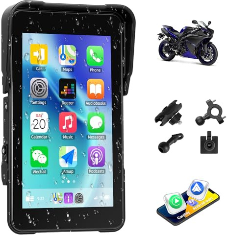 GOHHDL Tragbarer Carplay-Bildschirm für Motorräder Carplay Android Auto, 5-Zoll Touchscreen, GPS-Dashcam für Motorräder mit GPS-Navigation, Siri, Google Assistant, Bluetooth, wasserdicht nach IP68