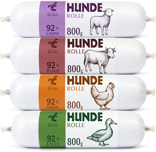 CHEWSTER Salsiccia per cani – mix – 1 × pollo, 1 × anatra, 1 × agnello, 1 × manzo – 4 × 800 g (3,2 kg) – Rotolo di cibo umido per cani senza cereali ad alto contenuto di carne – Alimento completo