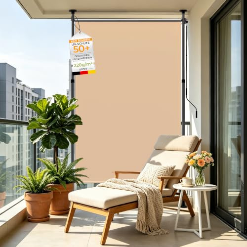 HOMEDEMO Tenda da Sole verticale con manovella regolabile, tende da sole per esterno senza foratura, Altezza Regolabile, Impermeabile e Anti-UV, per Balcone e Terrazzo, 200x(220-310) cm, Cachi