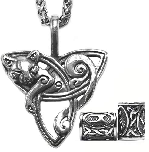 Gungneer Triquetra Cat Pendant Necklace with Stainless Steel Wheat Chain, Trinity Celtic Knot Triquetra Charm for Women Men, Bonus 2X Runic Beard Beads