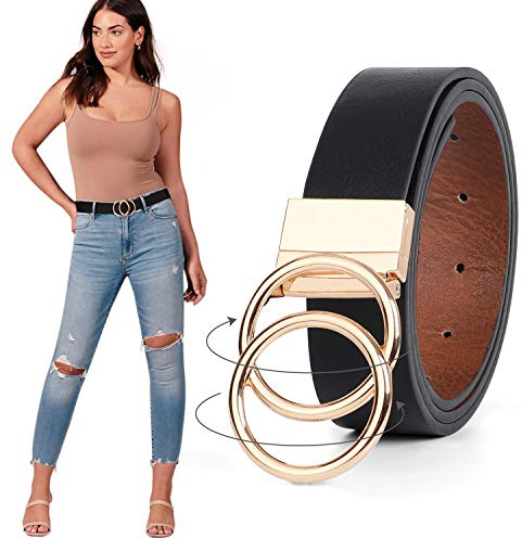 JASGOOD Women Leather Belt,Reversible Belt,Leather Waist Belt for Jeans Dress with Gold Double O Ring Rotate Buckle