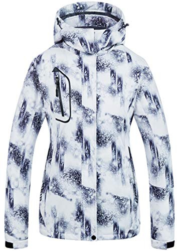 CREATMO US Women's Mountain Waterproof Ski Jacket Windproof Print Rain Coat Black White XL