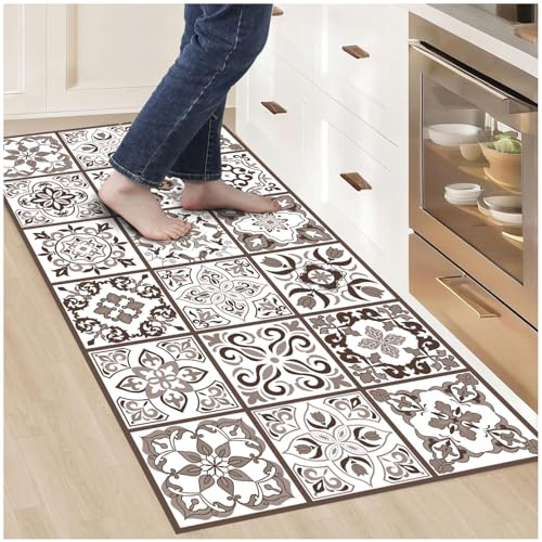 Alfombras Vinilicas para el Hogar 80 x 40 Marrón - Alfombra Vinilica Cocina Resistente y Antitropiezos - Alfombra Cocina Lavable Antideslizante para Interior/Exterior - Alfombras de Vinilo Esponjosas